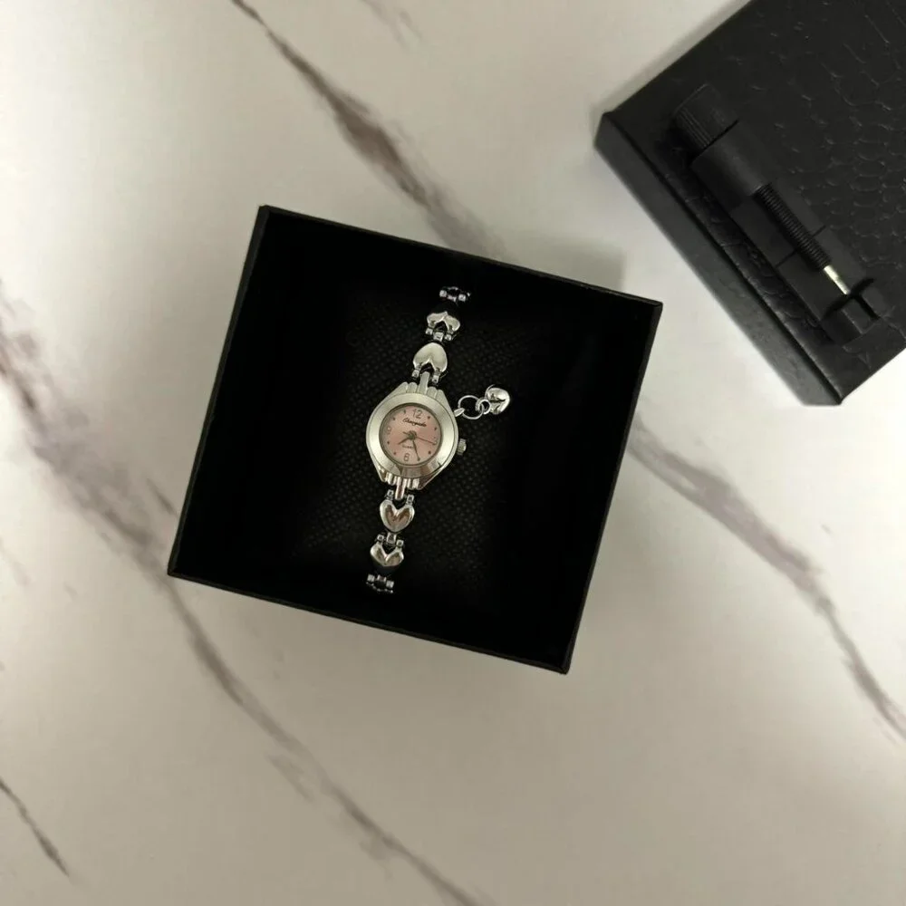 sku0148 Retro‎ Silver Pink dial Heart Charm Women Watch Bracelet + gift box